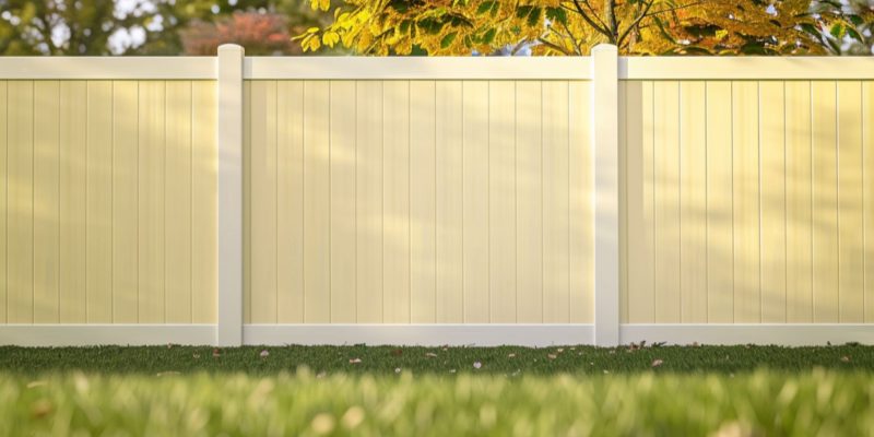 an outdoor fence, showcasing the contrast between white and light yellow colored vinyl, set against green grass with trees in background