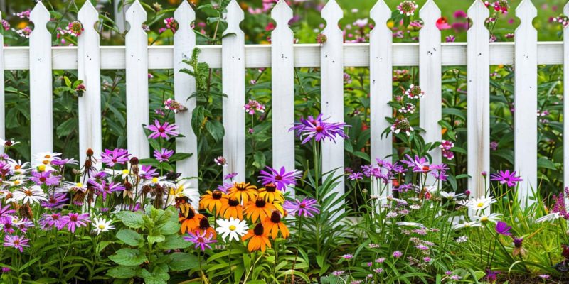 A White Picket Fence with Flowers and Grass in Front of It