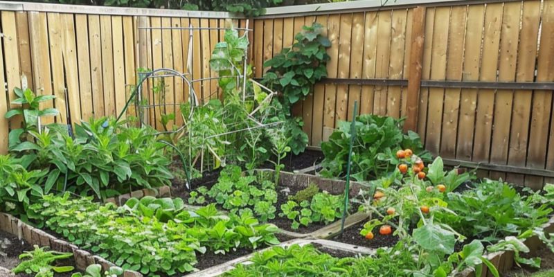 A vegetable garden with a wooden fence